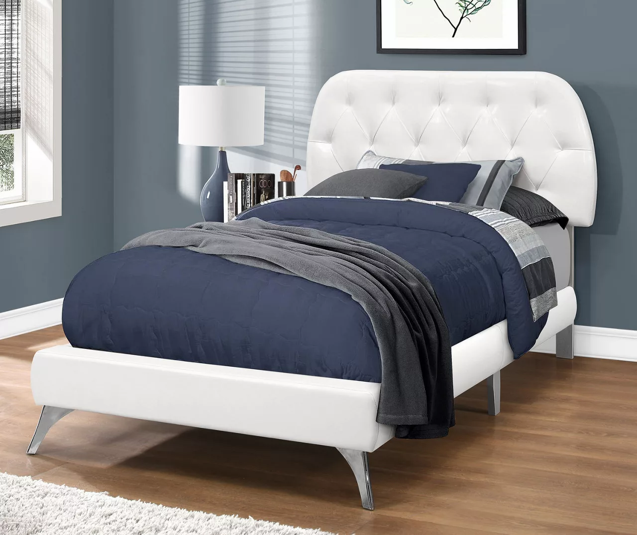 White Tufted Faux Leather Twin Upholstered Platform Bed 4 White Tufted Faux Leather Twin Upholstered Platform Bed - Image 2