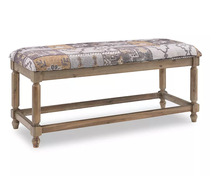 Gray Moroccan Tapestry Upholstered Rustic Driftwood Bench 3 Gray Moroccan Tapestry Upholstered Rustic Driftwood Bench