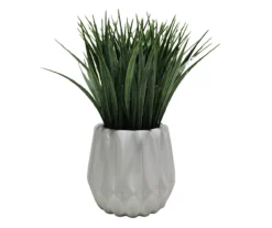 11.4" Artificial Grass Plant In White Geometric Ceramic Pot