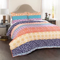 Fuchsia & Orange Bohemian Pattern Stripe Full/Queen 3-Piece Quilt Set -Household Items Sale 810552951 11