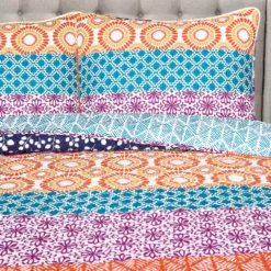 Fuchsia & Orange Bohemian Pattern Stripe Full/Queen 3-Piece Quilt Set -Household Items Sale 810552951 2