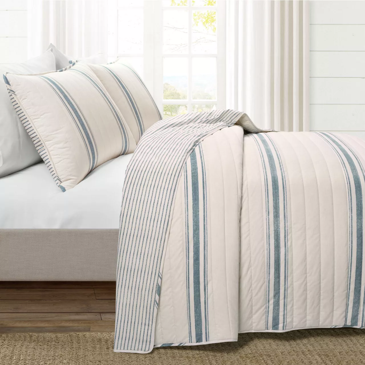 Beige & Blue Stripe Full/Queen 3-Piece Quilt Set 4 Beige & Blue Stripe Full/Queen 3-Piece Quilt Set - Image 2