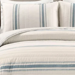 Beige & Blue Stripe Full/Queen 3-Piece Quilt Set 12 Beige & Blue Stripe Full/Queen 3-Piece Quilt Set -Household Items Sale 810552972 2