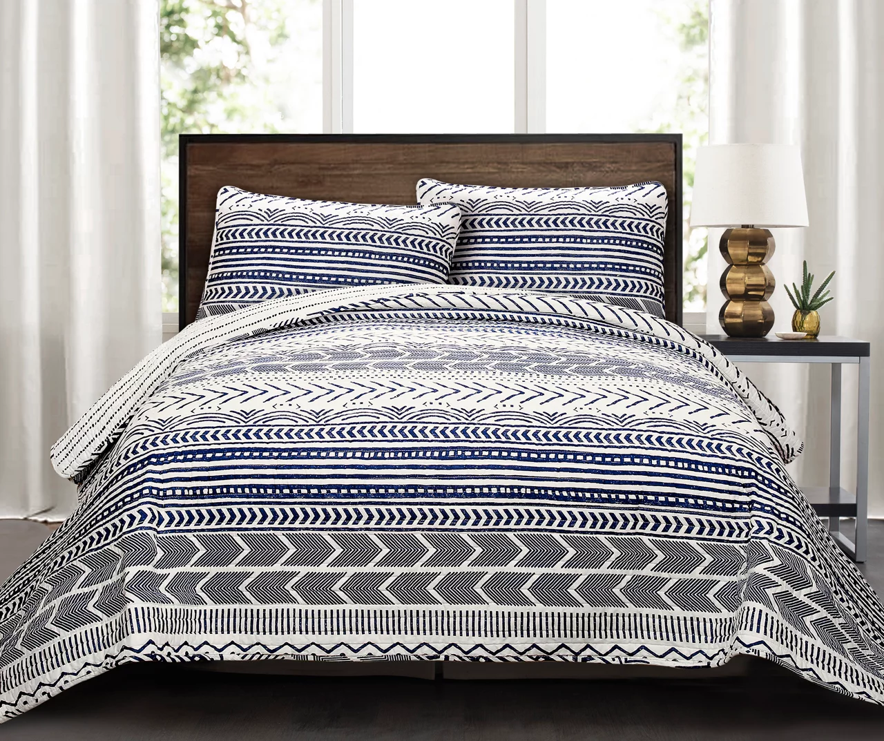 Hygge Navy & White Geometric Full/Queen 3-Piece Quilt Set 4 Hygge Navy & White Geometric Full/Queen 3-Piece Quilt Set - Image 2