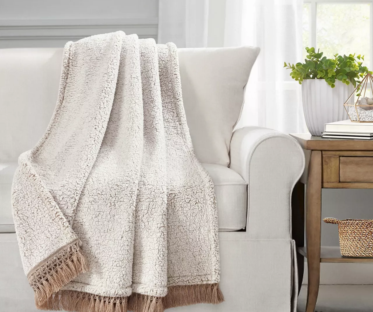 Beige Tassel-Fringe Sherpa Throw, (50" X 60") 4 Beige Tassel-Fringe Sherpa Throw, (50" X 60") - Image 2