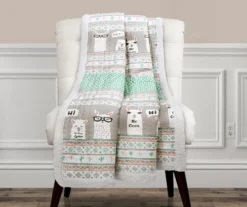 Gray & Turquoise Llama Stripe Quilted Sherpa Throw, (50" X 60")