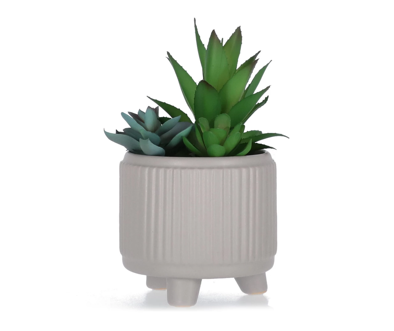 Artificial Succulent Arrangement In Gray Ribbed Footed Pot 3 Artificial Succulent Arrangement In Gray Ribbed Footed Pot
