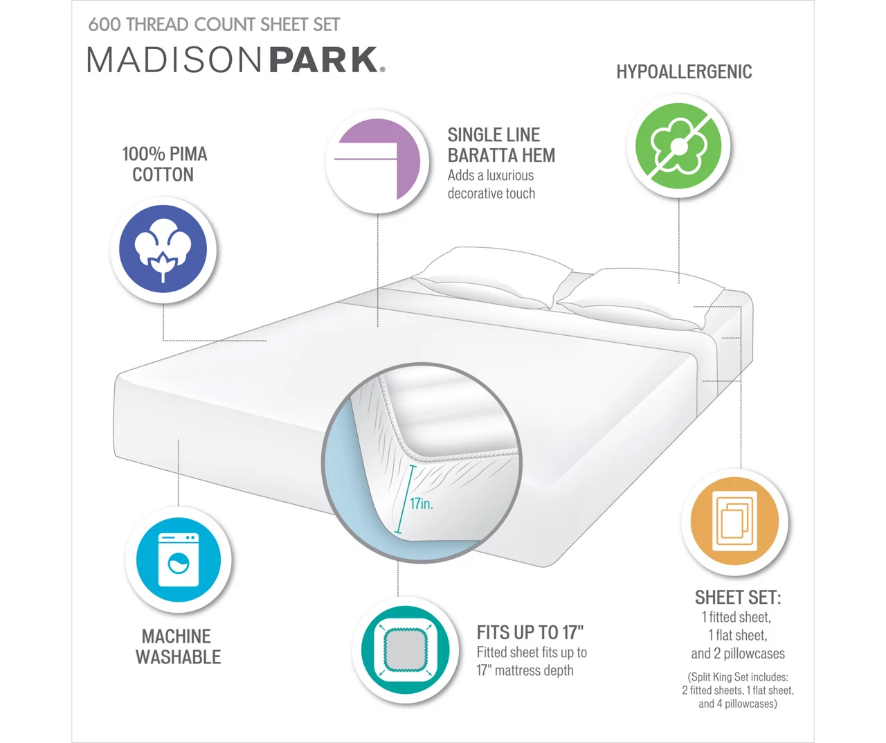 White 600-Thread Count Pima Cotton King 4-Piece Sheet Set 14 White 600-Thread Count Pima Cotton King 4-Piece Sheet Set - Image 12