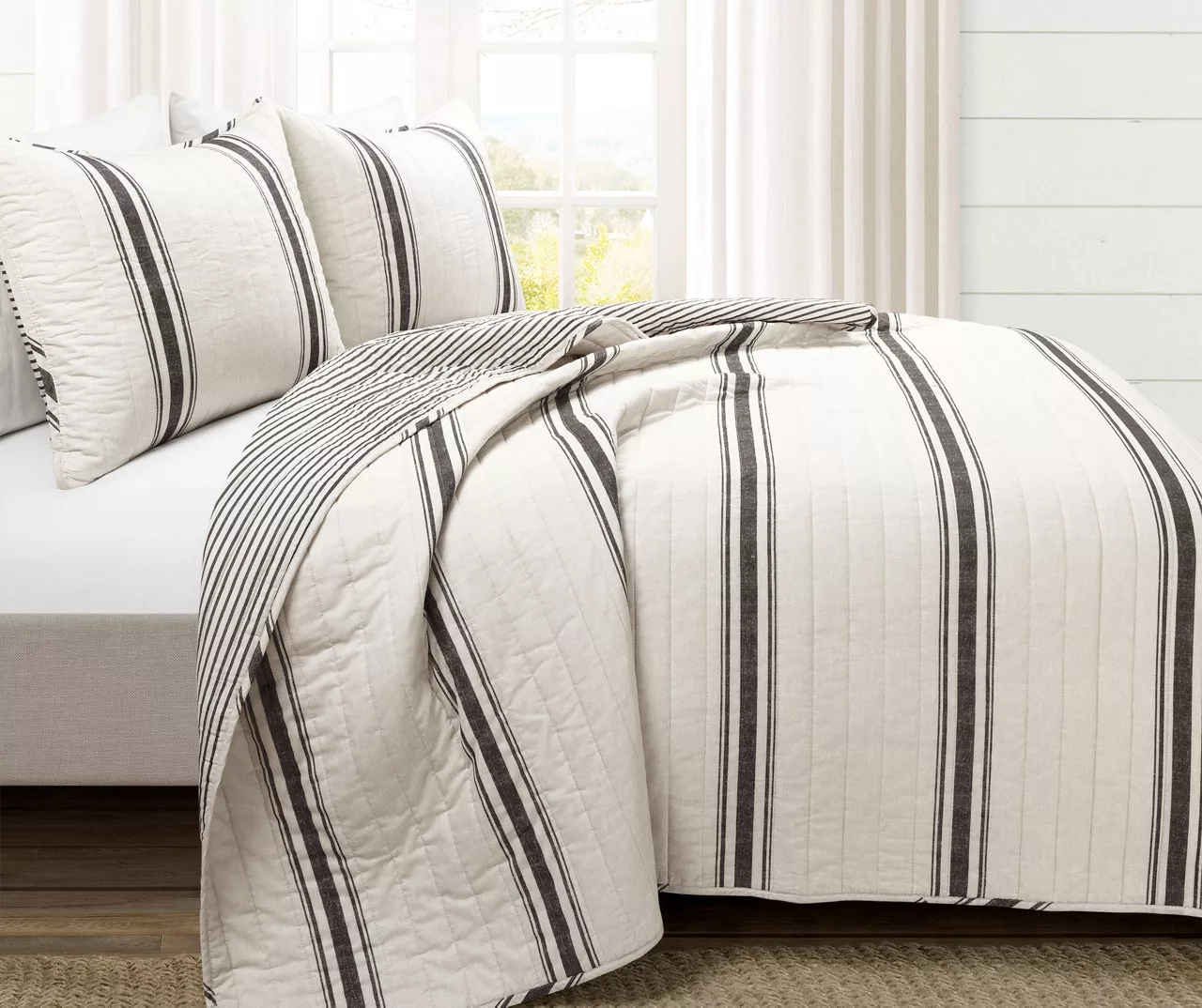 Farmhouse White & Black Stripe Reversible Full/Queen 3-Piece Quilt Set 4 Farmhouse White & Black Stripe Reversible Full/Queen 3-Piece Quilt Set - Image 2