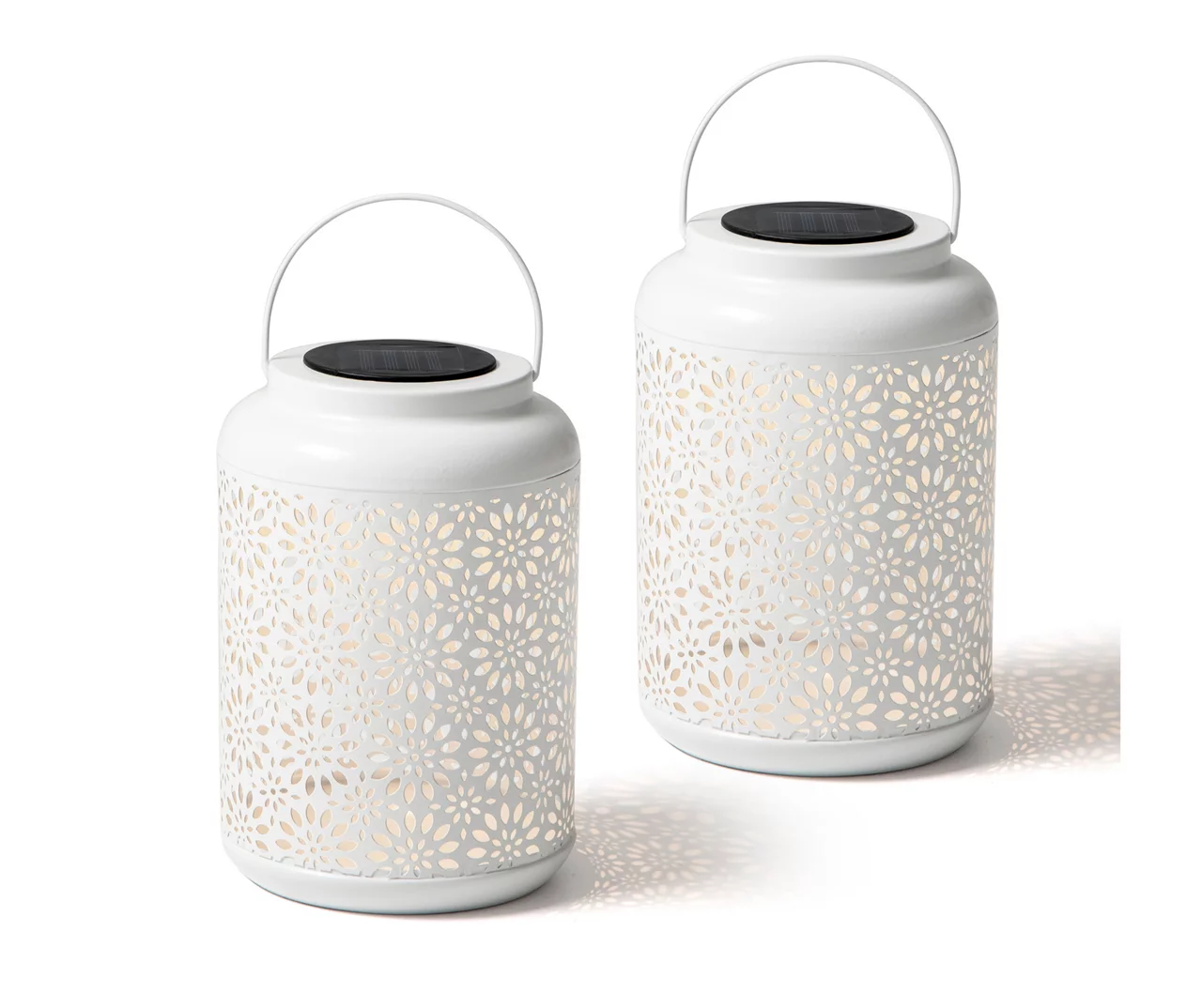 White Flower Cut-Out Metal LED Solar Lanterns, 2-Pack 3 White Flower Cut-Out Metal LED Solar Lanterns, 2-Pack