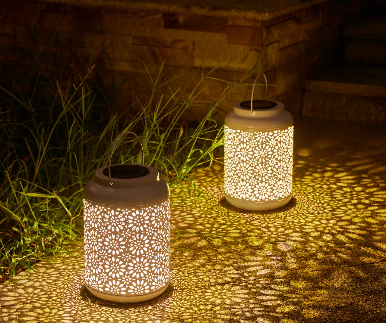 White Flower Cut-Out Metal LED Solar Lanterns, 2-Pack 4 White Flower Cut-Out Metal LED Solar Lanterns, 2-Pack - Image 2