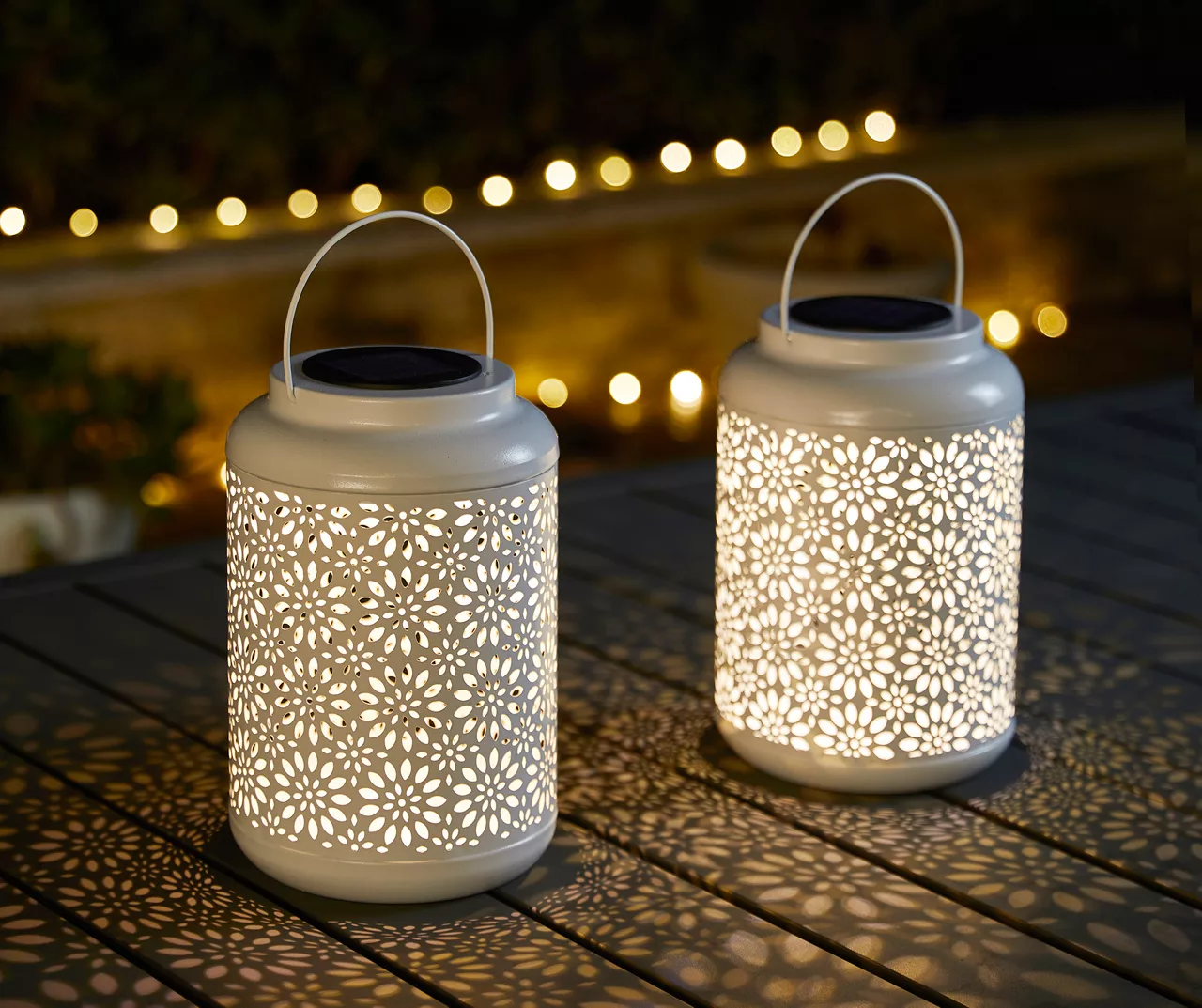 White Flower Cut-Out Metal LED Solar Lanterns, 2-Pack 5 White Flower Cut-Out Metal LED Solar Lanterns, 2-Pack - Image 3
