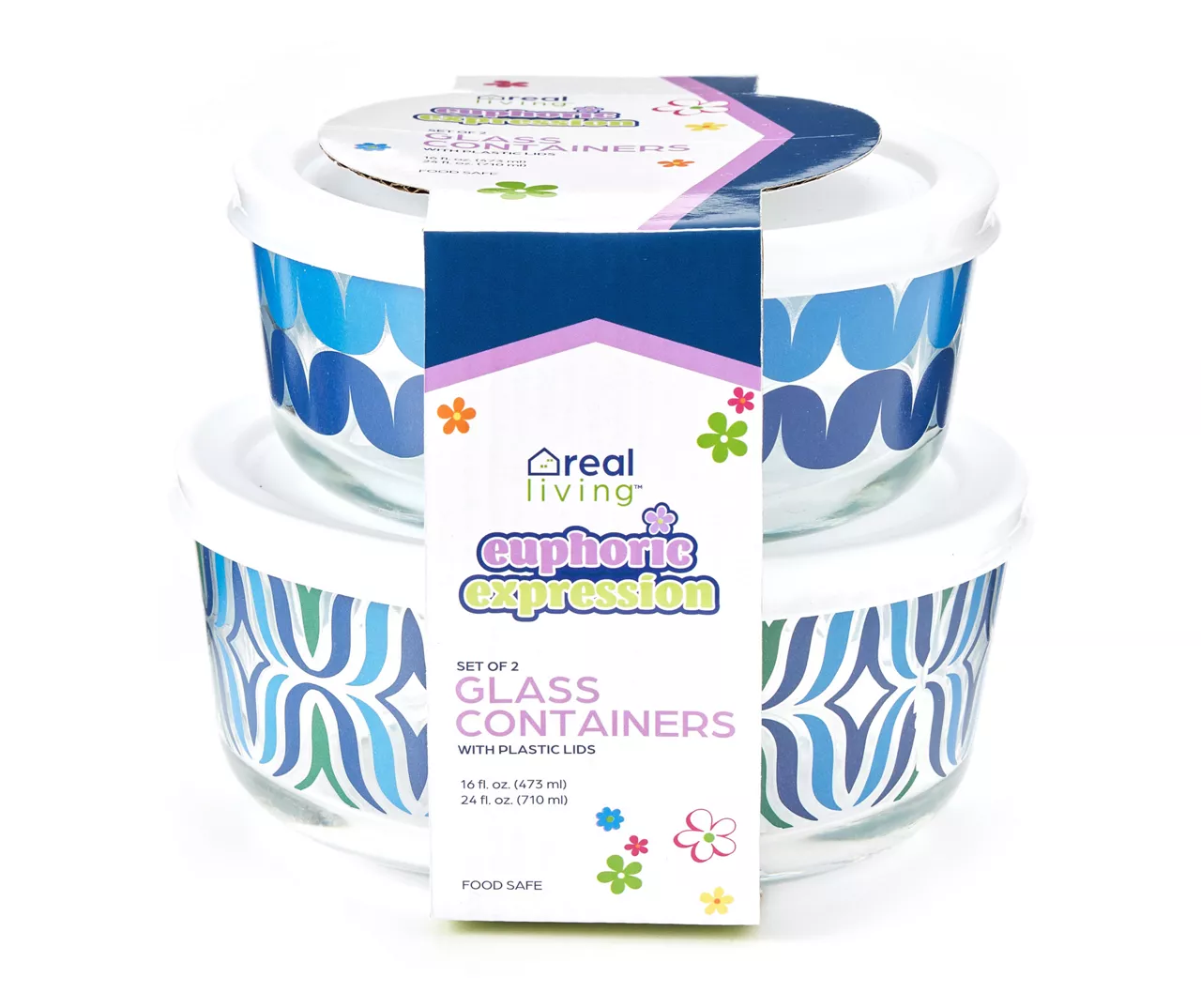 Blue Decal Glass Storage Bowls, 2-Pack 3 Blue Decal Glass Storage Bowls, 2-Pack