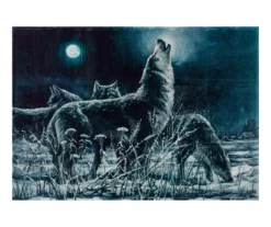 Blue & White Wolf Moon Howling Fleece Raschel Throw, (50" X 60")